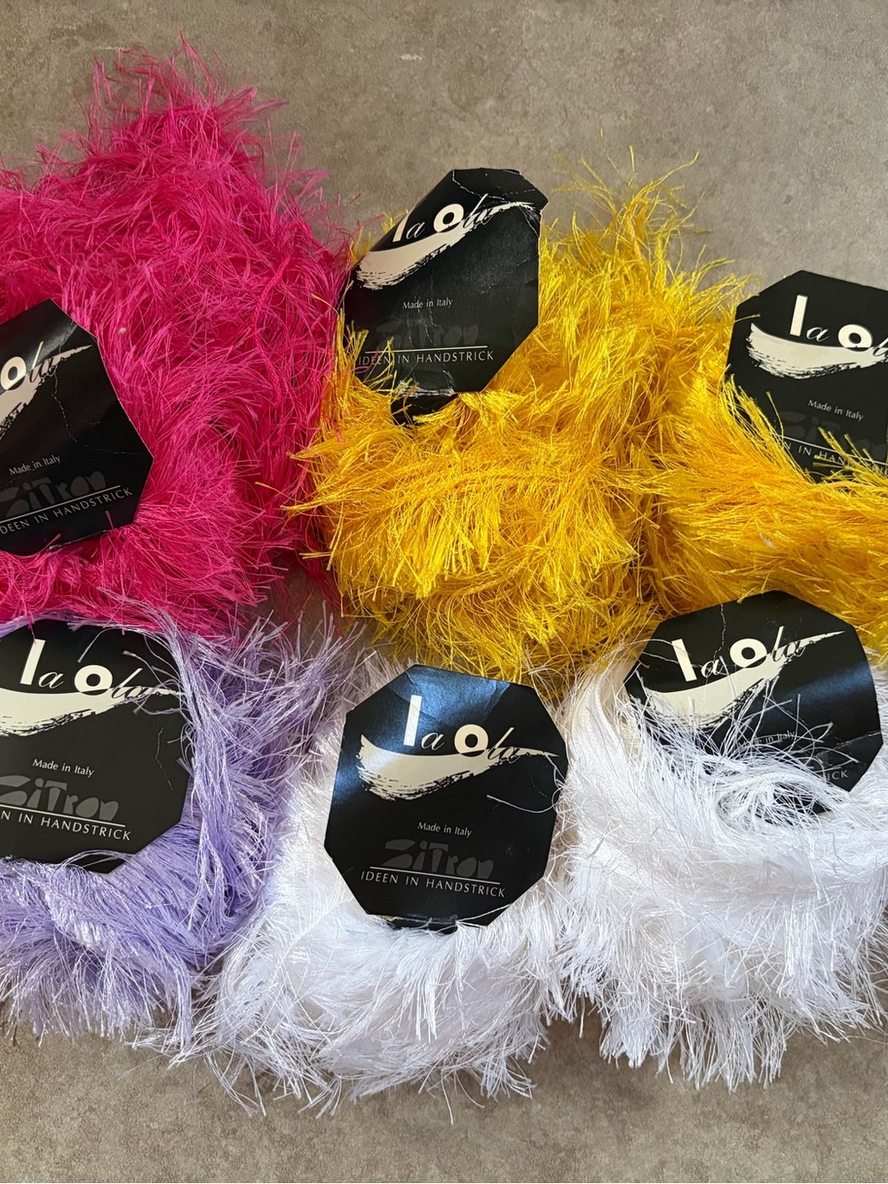 La Ola Made In Italy Eyelash Yarn
- Pink, Yellow, Lavender, White
